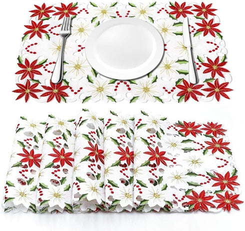 AerWo 6Pcs Christmas Holiday Placemats, Embroidered Poinsettia Christmas Table Place Mats for Christmas Dinner Christmas Table Decorations 11 × 17...