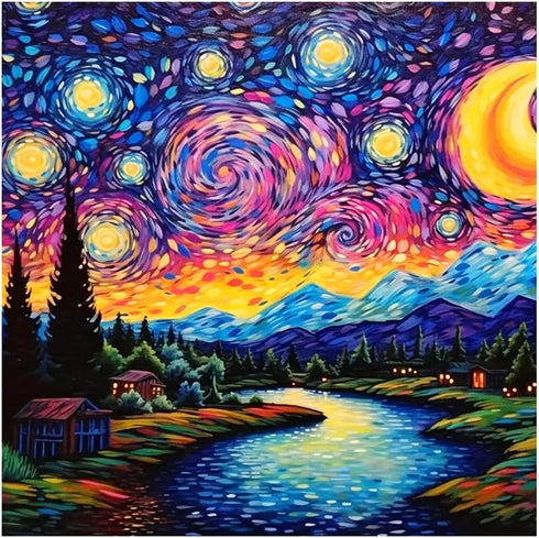 FHBUBPUP Starry Night Diamond Painting Kits for Adults, Starry Sky Diamond Art Kits, Full Drill Round Gem Art, DIY Landscape Paint with Diamond Be...