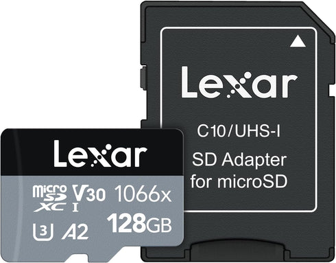 Lexar 128GB Professional 1066x micro SD Card w/ SD Adapter, UHS-I, U3, V30, A2, Full HD, 4K, Up To 160/120 MB/s, for Action Cameras, Drones, Smart...