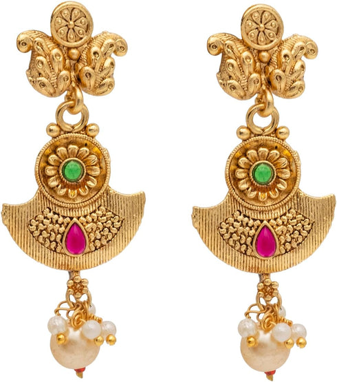 Gold Plated Traditional Indian Kundan,CZ, Pearl Studded Adjustable Dori Necklace with Matching Earrings Jewellery/Jewelry Set for Women (SJN_210)...
