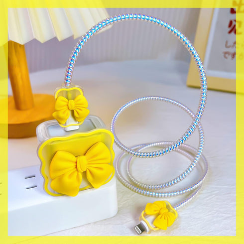 Kawaii Phone Cable Protector for iPhone 18W/20W USB-C Charger with 3D Bow Tie Wave Design,Clear Soft Phone Charging Protective Case Data Line Cove...