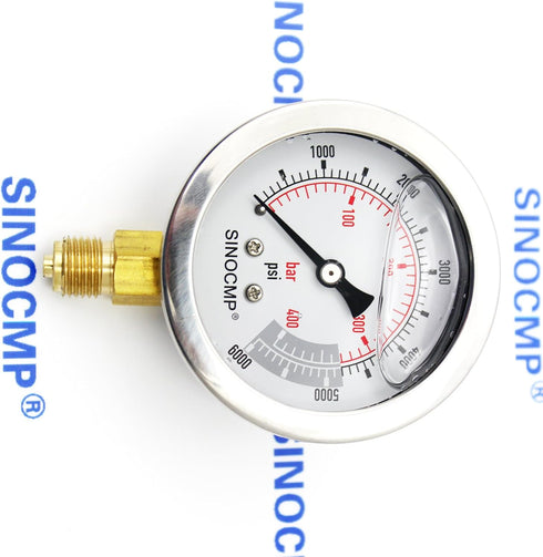 SINOCMP 40Mpa/0-400bar/0-6000PSI Economical Multi Purpose Double Scale Stainless Steel Glycerin Filled Hydraulic Pressure Gauge...
