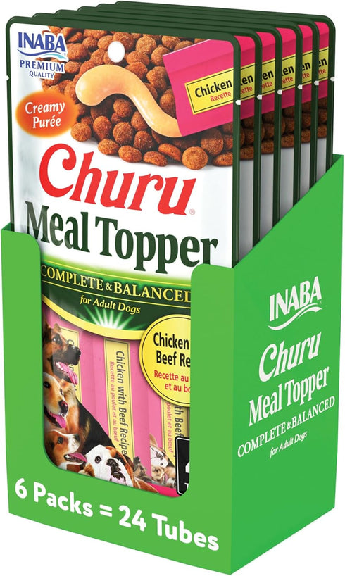 INABA Churu Meal Topper for Dogs, Complete & Balance, Creamy, Lickable Purée Dog Food Topper, 0.5 Ounce Tube, 24 Tubes (4 per Pack), Chicken with ...
