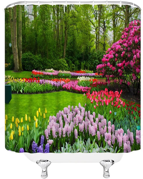 Garden Landscape Shower Curtain Colorful Flower Green Plant Tulip Floral Forest Tree Spring Nature Scenic Rustic Bathroom Home Curtain with Hooks,...