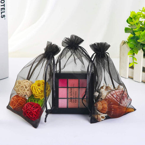 100 Pcs Per Pack 5x7 Gifts Wrap Bags Black, Organza Sheer Fabric, Drawstring Transparent Mesh Bags for Baby Shower Favor,Anniversary,Dried Lavende...