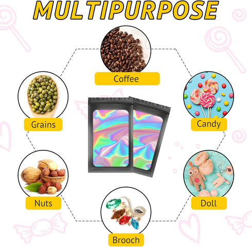 100 PCS Smell Proof Bag, Holographic Bags Packaging Bags for Small Business, Foil Freshies Bags for Food Storage, Sample Bags Resealable Bags for ...
