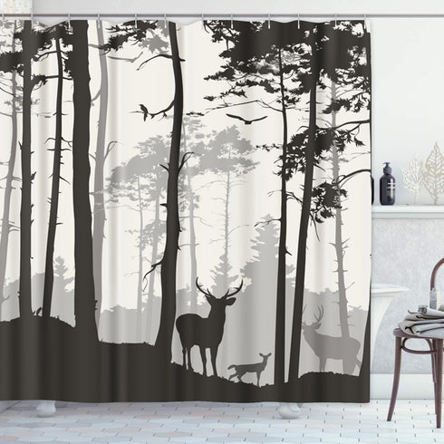 Decorative Shower Curtain Silhouette of Pine Forest Family Deer and Birds Brown 72"x78" Waterproof Tree Bathroom Shower Curtain Set with Hooks...