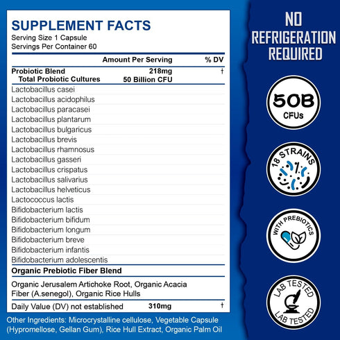 Probiotics 50 Billion CFU, 18 Strains + Prebiotics - Supports Digestive, Immune & Gut Health, Relief for Occasional Diarrhea, Gas & Bloating - Dai...
