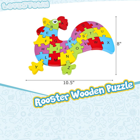 LovesTown Rooster Wooden Puzzle, 26PCS Jigsaw Puzzle Alphabet and Number Puzzles Wooden Building Blocks for Kid Toddlers Preschool...