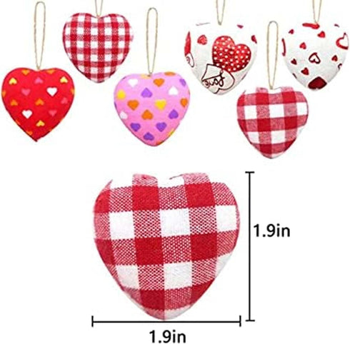 EBaokuup 30 Pcs Valentines Fabric Heart Ornament for Hanging-6 Styles Red Pink Buffalo Plaid Check-Heart-Shaped Hanging Decoration for Valentine's...