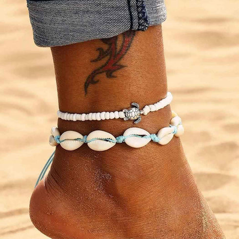 Boho Beaded Anklets Shell Ankle Bracelets with Silver Turtle Foot Chain Jewelry for Women 2Pcs...