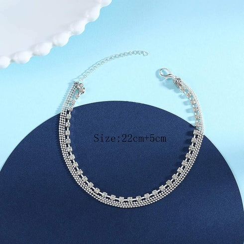 Boho Layered Anklet Rhinestone Beach Ankle Bracelets Silver Foot Chain Jewelry for Women...