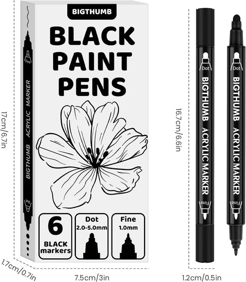 Black Paint Pen, 6 Pack Dual Tip Acrylic Paint Markers with Fine Tip and Dot Tip, for Rock Painting, Stone, Ceramic, Glass, Wood, Tire, Fabric, Me...