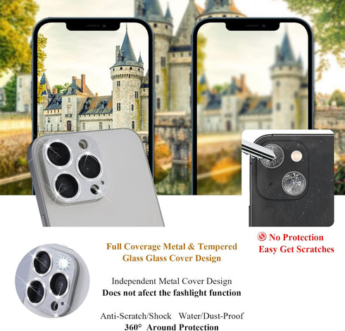 2 Pack Camera Lens Protector Compatible for iPhone 13 Pro/Max, Aluminum Alloy Metal & 9H Tempered Glass Camera Cover Shock/Water-Proof,Shatter/Scr...