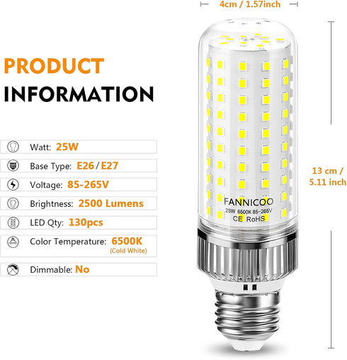 E26 LED Bulb,25W LED Corn Light Bulb 200W Equivalent 6500K Cool Daylight White 2500LM Non-dimmable Flicker Free Ceiling Fan LED Corn Bulb for Indo...