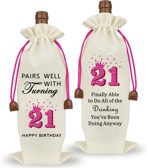Raisingwell 21st Birthday Wine Bag, Funny Birthday Gifts for Her Him, Wine Champagne Gift Bag With Drawstring, Birthday Party Decorations For Wome...