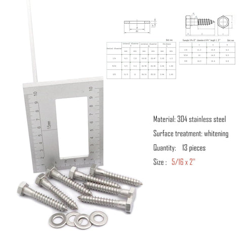 13pcs Hex Head Lag Screws, 5/16" x 2" Hexagon Head Wood Screws (Partially Threaded), 304 Stainless Steel Lag Bolts, Silvery...
