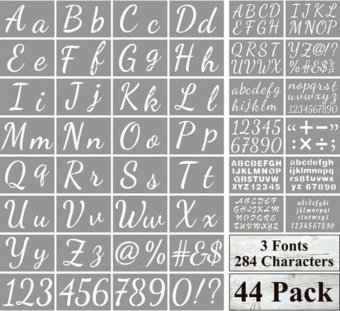 Large Letter Stencils for Painting on Wood - 44 Pack Alphabet Letter Number Stencil Templates with Signs, Reusable Plastic Stencils in 3 Fonts and...