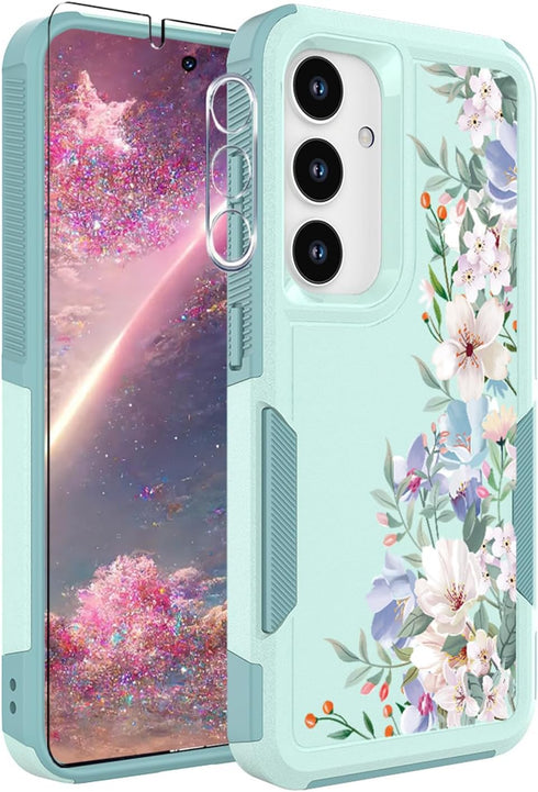 for Samsung Galaxy S24 5G Case with Screen Protector + Camera Lens Protector: Cute Flower Floral Design for Girls Women Slim TPU Bumper Silicone C...