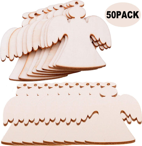 Pack of 50 Wooden Crafts to Paint 3 inch Christmas Tree Hanging Ornaments Unfinished Wood Cutouts Christmas Decoration DIY Crafts (Wooden Angel Cu...