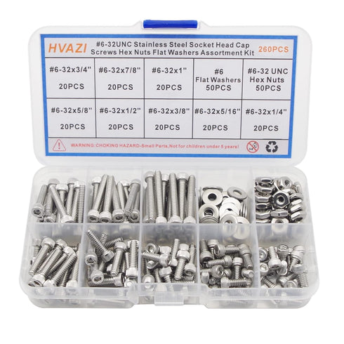 #6-32 UNC Stainless Steel Hex Socket Head Cap Screws Hex Nuts Flat Washers Assortment Kit...