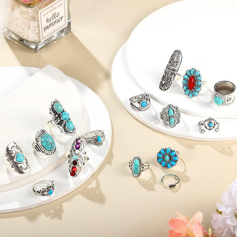 78 Pcs Vintage Turquoise Rings Set Women Western Rings Bohemian Silver Oval Gemstone Rings Boho Joint Knuckle Rings Midi Stacking Rings for Women...