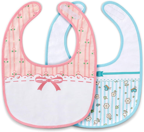 Littleforbig Cotton Waterproof Babydoll Printed Floral Adult Bib with Adjustable Velcro Closure 2-Pack Pink and Blue...
