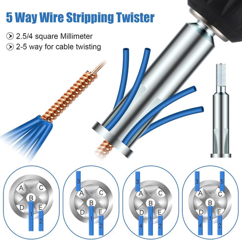 Feekoon Wire Twisting Tool, 3 Way/ 5 Way Wire Stripping Tool and 6mm Hex Shank Cable Twister Tool, Wire Stripper and Twister, Wire Twister Bit for...