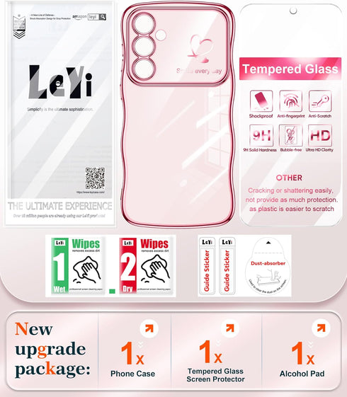 LeYi for Galaxy-S23-FE-Case: with Screen Protector and Full Camera Protection, Love Heart Pattern Luxury Plated Gold Edge Slim Soft TPU Protective...