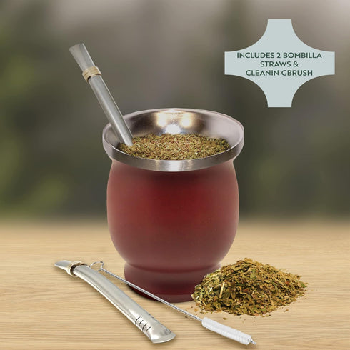 Norte Yerba Mate Cup Kit, 8-Ounces Traditional Mate Tea Cup/Gourd Set | Includes 2 Bombillas (Yerba Mate Straw) & Cleaning Brush, Stainless Steel ...