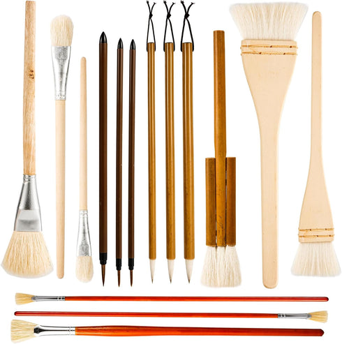 15pcs Pottery Glaze Brushes, Wood Long Handle Artist Fan Paint Ceramic Brushes Set Art Painting Tools for Acrylic Watercolor Pottery Oil Painting ...