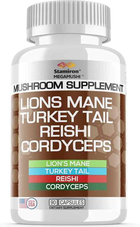 Stamiron Lions Mane Supplement Turkey Tail Mushroom Capsules with Cordyceps Extract & Reishi Mushrooms - Alt to Mushroom Gummies, Mushroom Powder,...