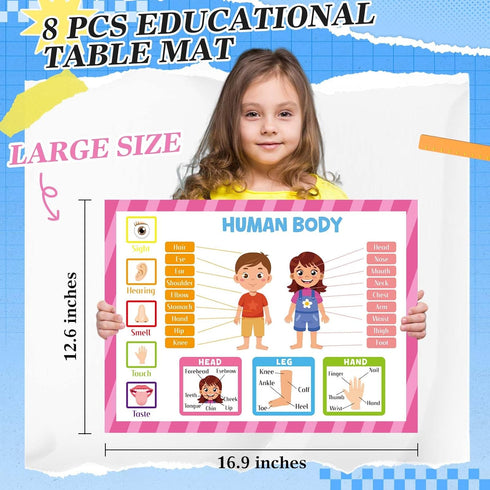 Mifoci 8 Pcs Educational Preschool Placemat Set for Kids Reusable Washable Non Slip Placemats for Dining Table Plastic Learning Mats for Nursery K...