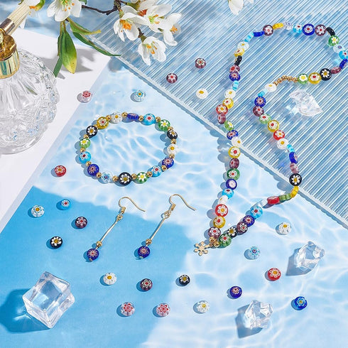PH PandaHall 260Pcs 8mm Assorted Lampwork Beads Millefiori Lampwork Glass Beads Loose Bead Flat Round Spacer Bead for Necklace Earrings Jewelry Ma...