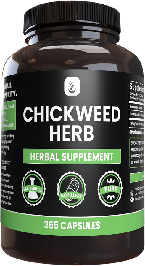 PURE ORIGINAL INGREDIENTS Chickweed Herb, (365 Capsules), No Magnesium Or Rice Fillers, Always Pure, Lab Verified...