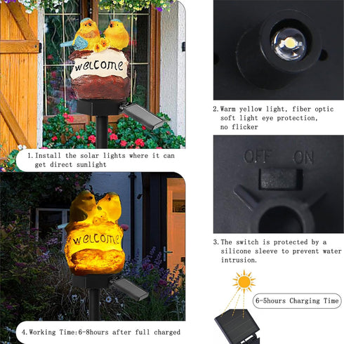 Solar Decor Lights, Welcome Birds Solar Powered Outdoor Garden Light, Resin Animal LED Lights with Stake, Waterproof Solar Stake Lights Decoration...