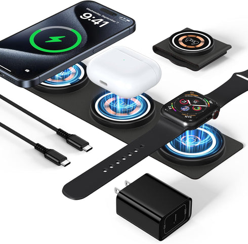iPhone 15 Pro Max Magnetic Fast Wireless Charger, 15W Foldable 3 in 1 Travel Phone Charging Station for iPhone 15/14/13/12/Pro/Max, Magsafe Charge...