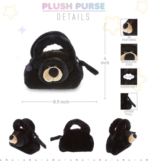 DolliBu Black Bear Plush Handbag - Super Soft Plush Stuffed Animal Purse for Children's Accessories, Kids Hand Bag Toy Purse, Pretend Play, Fluffy...