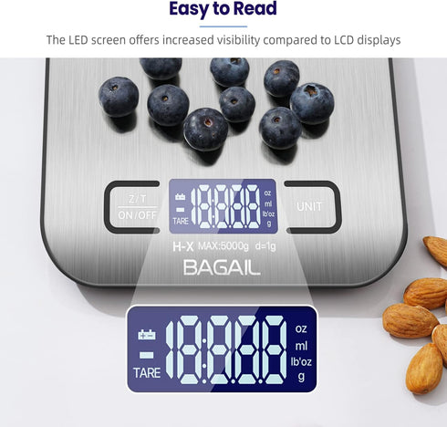 BAGAIL BASICS Digital Kitchen Scale, Premium Stainless Steel Food Scales Weight Grams and Oz for Baking and Cooking, 11lb/5kg with 0.1oz/1g Precis...