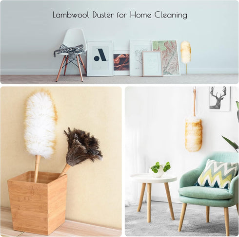 Lambs Wool Duster for Cleaning Window Blinds Computer Furniture TV Computer Screens Bookshelves Solid Wooden Handle Natural Feather Duster,16'', Y...