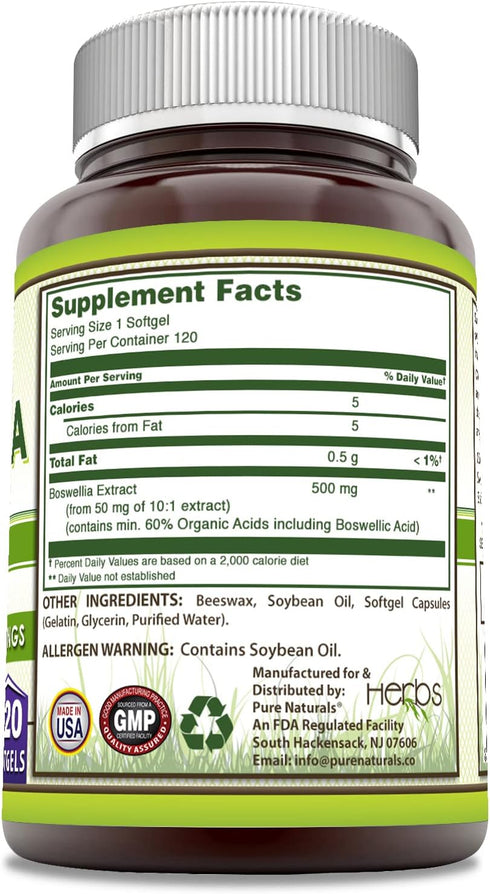 Pure Naturals Boswellia Extract | 500 Mg | 120 Softgels Supplement | Non-GMO | Gluten Free...