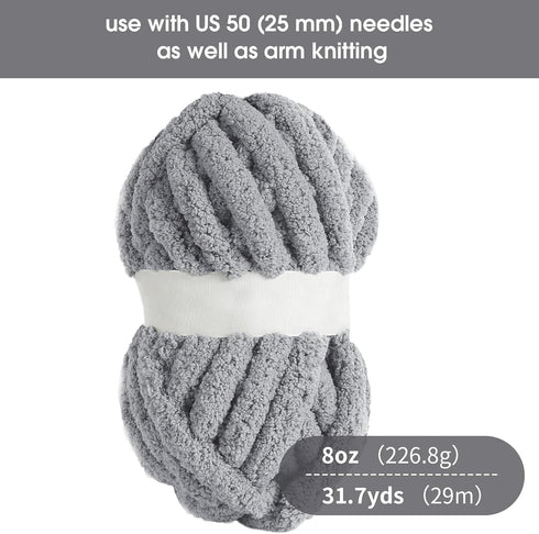 HOMBYS Light Grey Chunky Chenille Yarn for Crocheting, Bulky Thick Fluffy Yarn for Knitting,Super Bulky Chunky Yarn for Hand Knitting Blanket, Sof...
