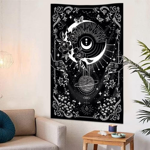 Riyidecor Gothic Vertical Goth Tapestry Wiccan Witch Wall Hanging Moon Tarot 30Wx50H Inch Goth Black White Aesthetic Floral Small Bohemian Stars M...
