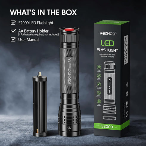 RECHOO High-Powered LED Flashlight S2000, Upgraded Powerful 2000 High Lumens Flashlights with 3 Modes, Zoomable, Water Resistant Flash Light for H...