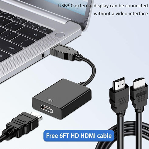 USB to HDMI Adapter with 6FT HDMI to HDMI Cable, USB 3.0 to HDMI Full 1080P Video Audio Converter for PC, Laptop to Monitor, Support Windows XP 7/...