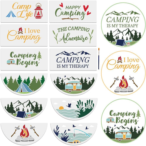12pcs Camping Welcome Stencils for Painting On Wood 12" Half Round Stencils Forest Mountain Nature Stencil with Paint Brush Camp Life Go Fishing T...