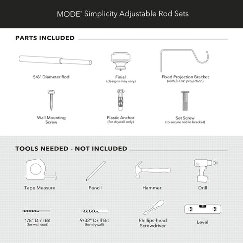 MODE Simplicity Collection 5/8" Diameter Curtain Rod Set with Doorknob Curtain Rod Finials and Steel Wall Mounted Adjustable Curtain Rod, Fits 32”...