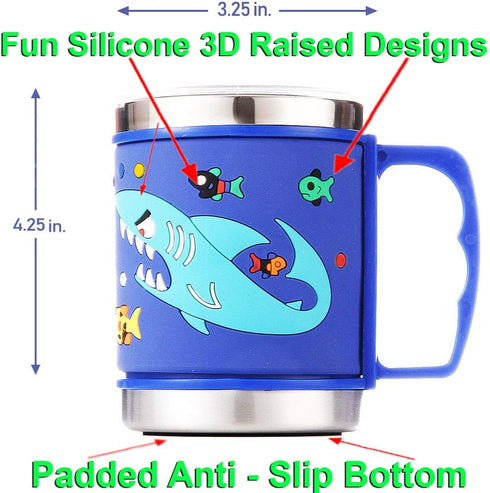 F-32 12 Oz Kids Stainless Steel Shark 3D Mug with 2 Pack Slider Closure Lids - Eco-Friendly - BPA Free Signature Collection (Shark Blue)...