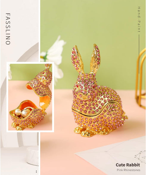 Cute Rabbit Jewelry Trinket Box with Hinged Animal Ornaments Gift for Home Decor...