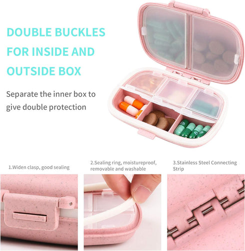 2 Pack Pill Case Organizer,Travel Pill Box with Label, Daily Medicine Organizer Case, Waterproof Pocket Container Case, Portable Pink Supplement C...